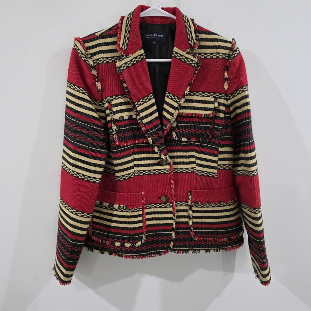 Jones New York Womens Aztec Western Jacket Size 8 Fringe Blanket Southwest Boho